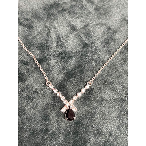 Jewelry - Silver Tone Crystal Chevron Pear Drop Pendant Necklace Dark Stone 16.5 Inch
